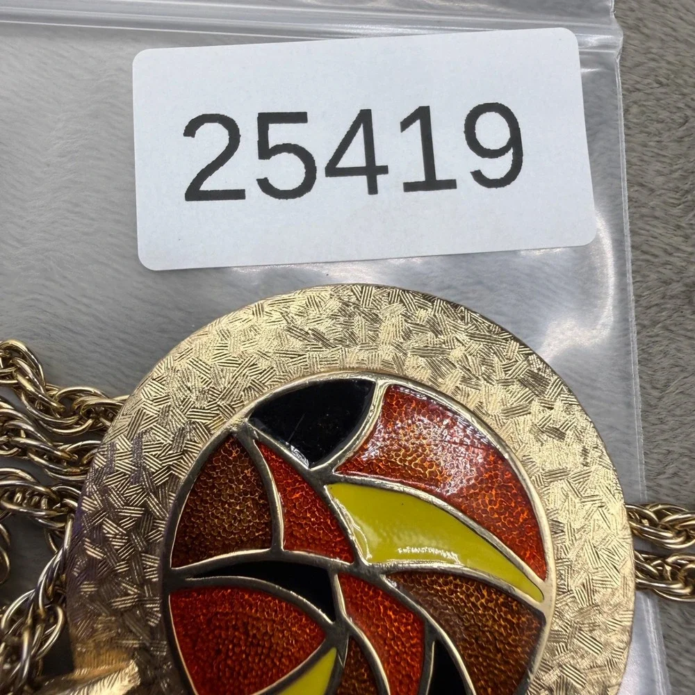 Vintage Estate Mirror Necklace Gold Tone Enamel Reversible 32